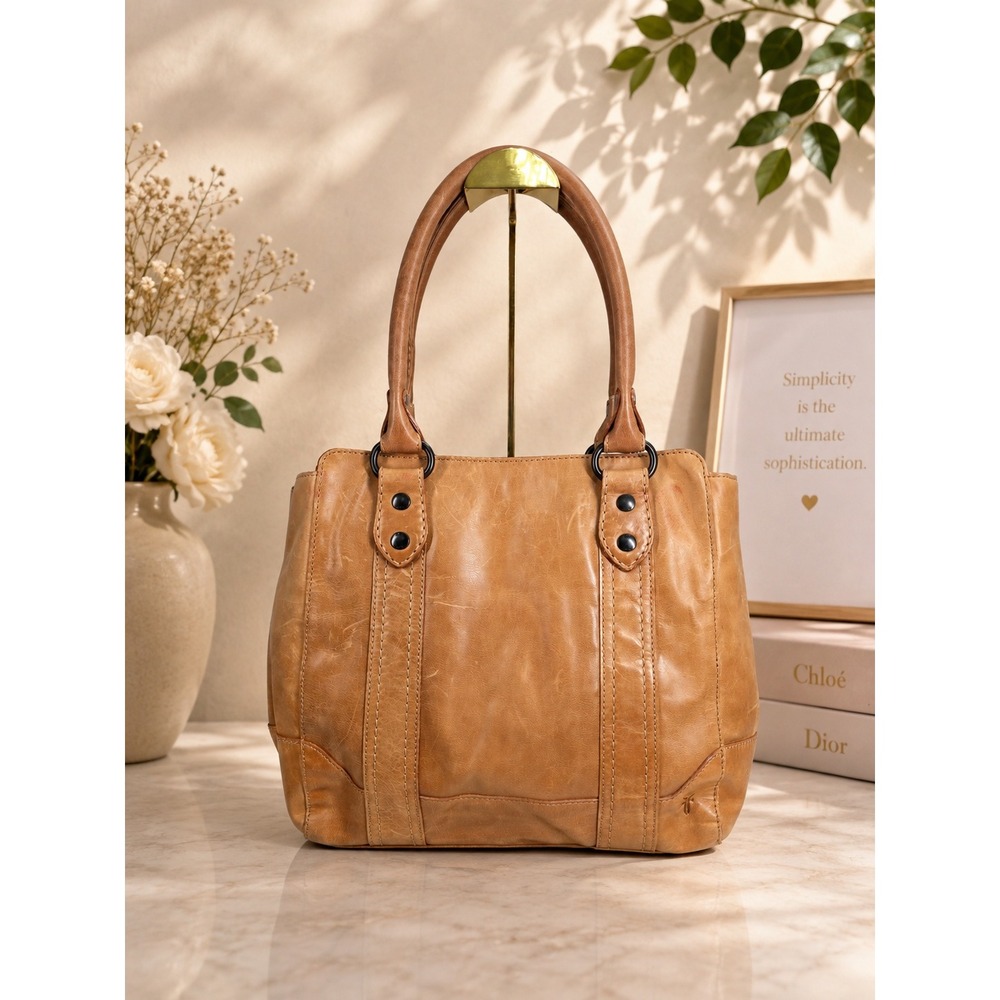 Frye Melissa Leather Tote Bag Cognac Tan Shoulder Bag Triple Compartment